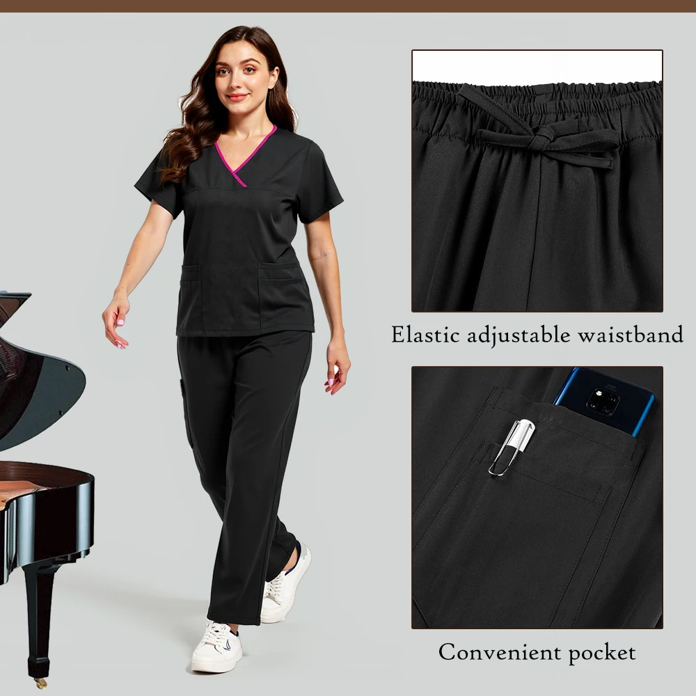 Nurse Scrubs Uniform Women Medical Scrub Set Pocket Top+Pants 2 Piece Suit Nursing Operating Room Clothes Beauty Salon Work Wear