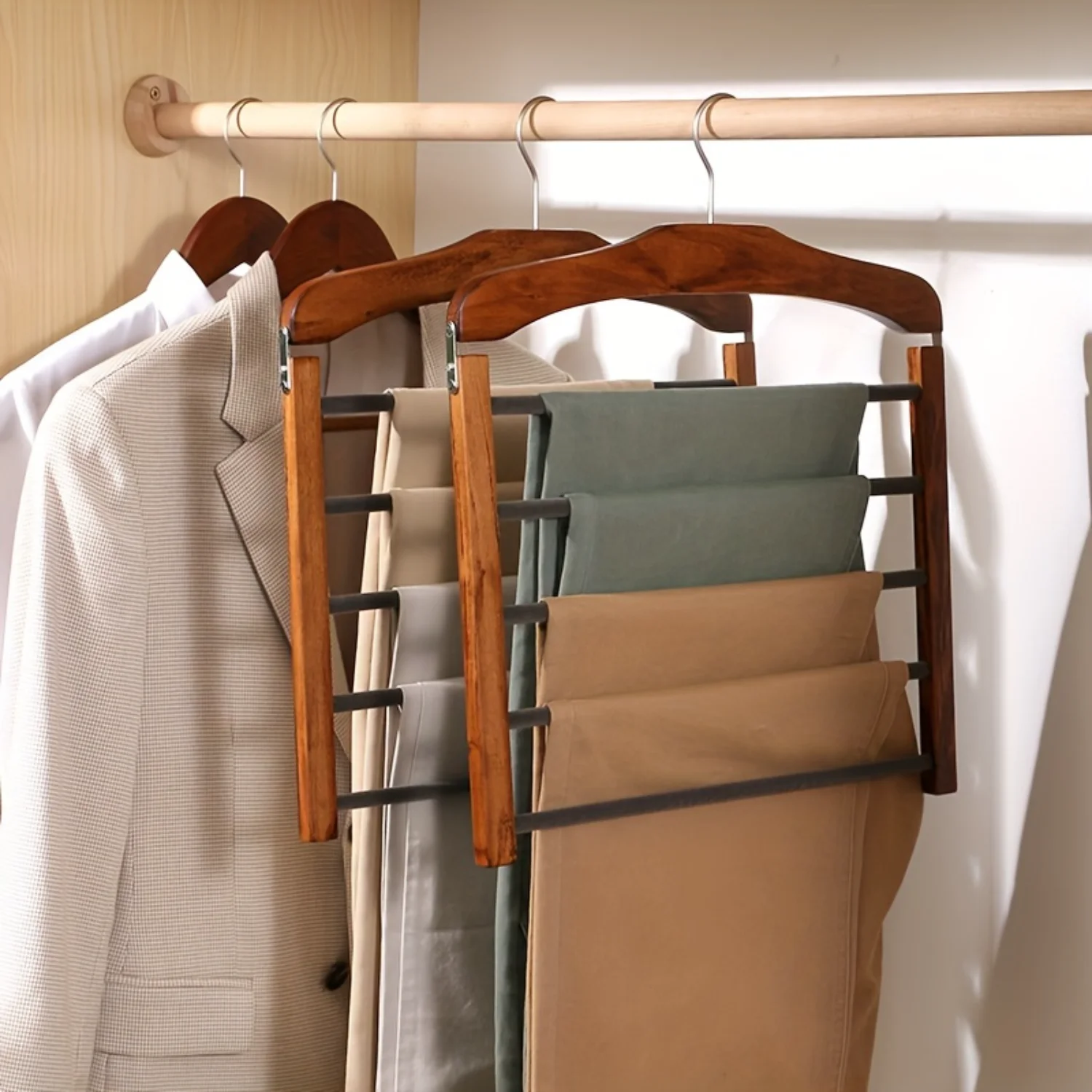 1pc Space-Saving Wooden Trouser Rack - Multi-Tier Design for Efficient Closet Organization - Sleek Coat and Accessory Hanger for