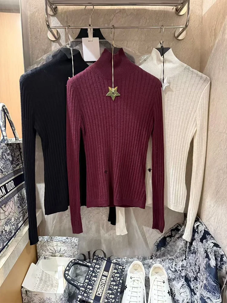 

New Arrival Women's Slim Fit Camere High Ne Knitted Long Sve Base irt Casual Sle Embroidered Casual Winter Faion