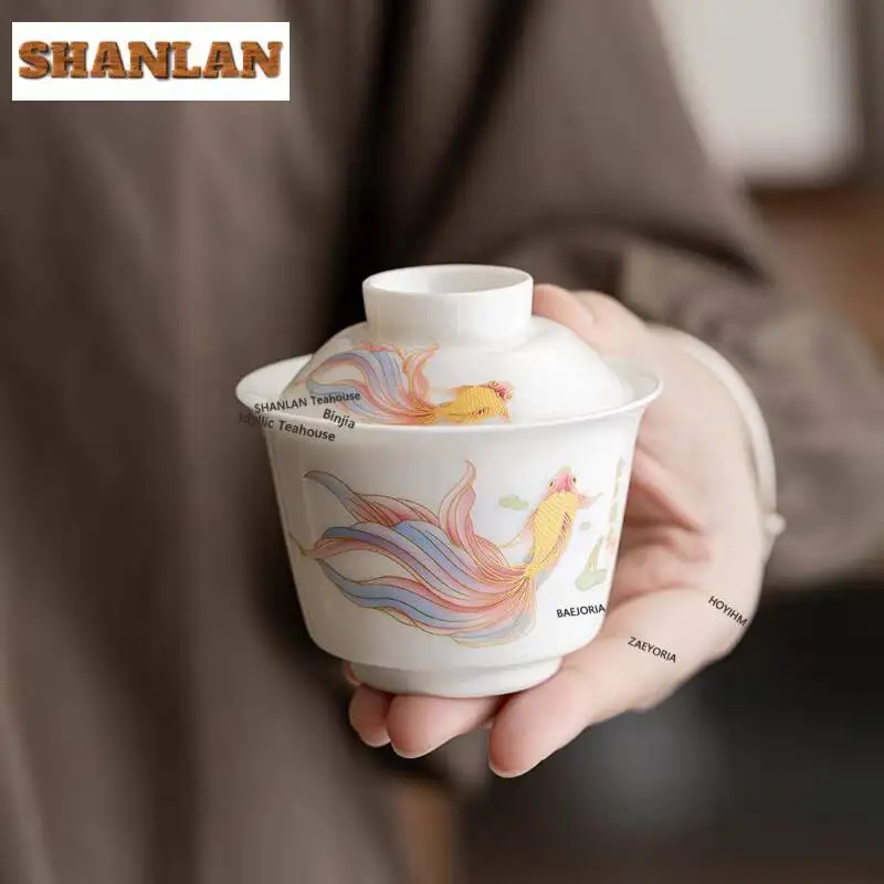 150ml Mutton Fat Jade White Porcelain Gaiwan Boutique Tea Tureen Tea Bowl With Lid Kit Tea Making Cover Bowl Teaware Craft Gifts