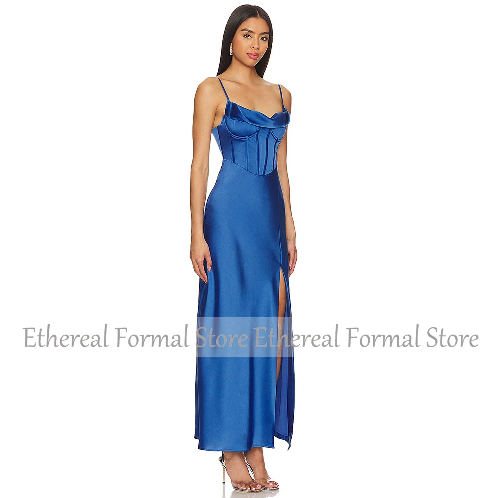 Abito da sera da donna in raso blu royal con spalline sottili, tubino, abito da ballo, abito da festa formale, lunghezza alla caviglia, abito semplice saudita