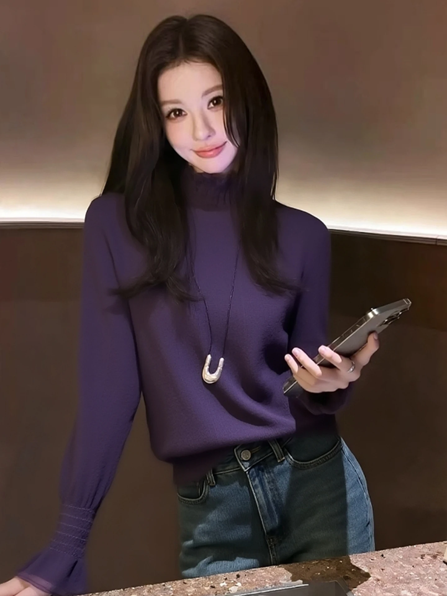 

Ele Korean Sle High Collar Long Sve Purple Base irt Women's Winter Faion Top Comfortable Breathable Moisture Wic...