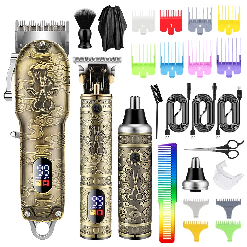 RESUXI New 3 in 1 Professional Hair Clipper Set for Men Electric Oil Head Hair Trimmer Shear Carving Pusher Razor Nose Tools Kit