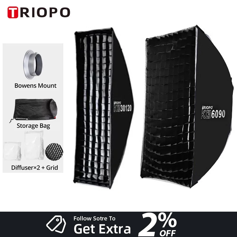 TRIOPO K3 60*90cm 30*120cm Side Wing Quick-Setup Softbox Bowens Mount Strip Box MattBox LightBox For Photography LED Light Flash
