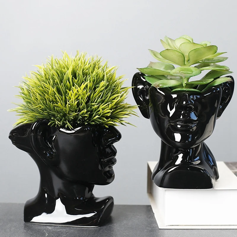 北欧の抽象的な肖像画の像の花瓶、多肉植物の植木鉢、セラミックプランター、排水穴のある屋内デスクトップ植物装飾