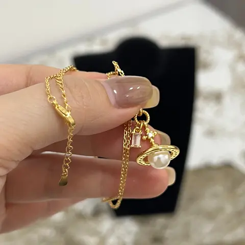 Actor's Edition-Vintage Saturn Pearl Pendant Necklace for Women Gold Plated CZ Cross Charm Chain Elegant Planet Jewelry Gift