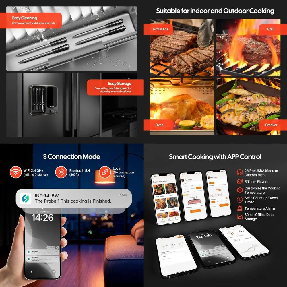 

Wireless 360° LCD Meat Thermometer with 4 Probes, Remote Control for BBQ, Grill, Oven, and Kitchen