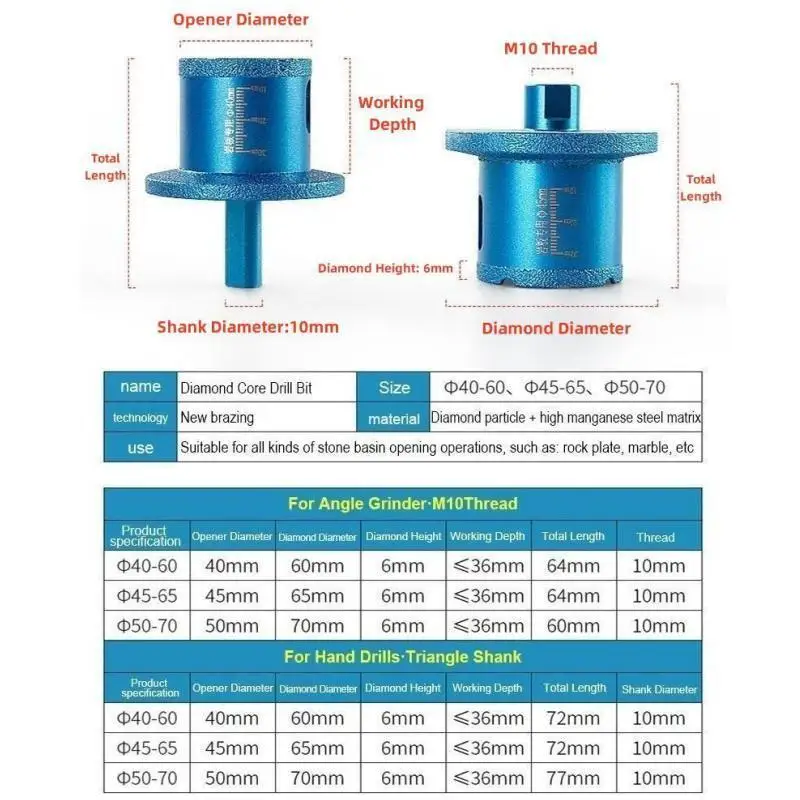 M10 Thread Diamond Core Drill Bit Triangle Shank Sink Washbasin Basin Opener for Porcelain Marble Ceramic Tile Granite Stone