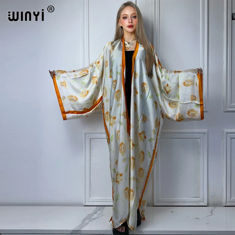 WINYI Kimono Women boho flower print Long Sleeve Cardigan Female Blouse Loose abaya beachwear Cover Up boho dress party kaftan