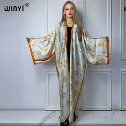 WINYI Kimono Women boho flower print Long Sleeve Cardigan Female Blouse Loose Abaya Beachwear Cover Up boho dress party kaftan