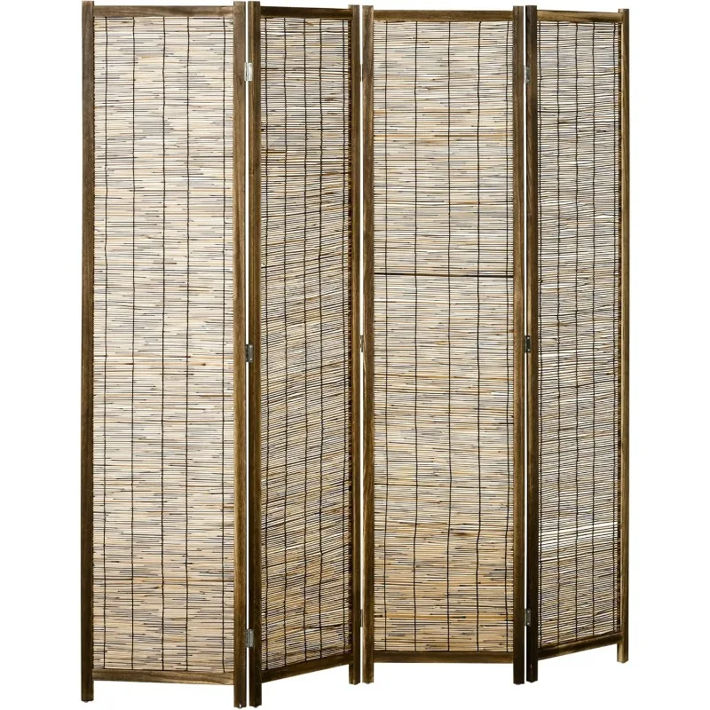 4 Panel Room Divider, 5.5 Ft Portable Folding Privacy Screens, Reed Hand-Woven Freestanding Partition Wall Dividers