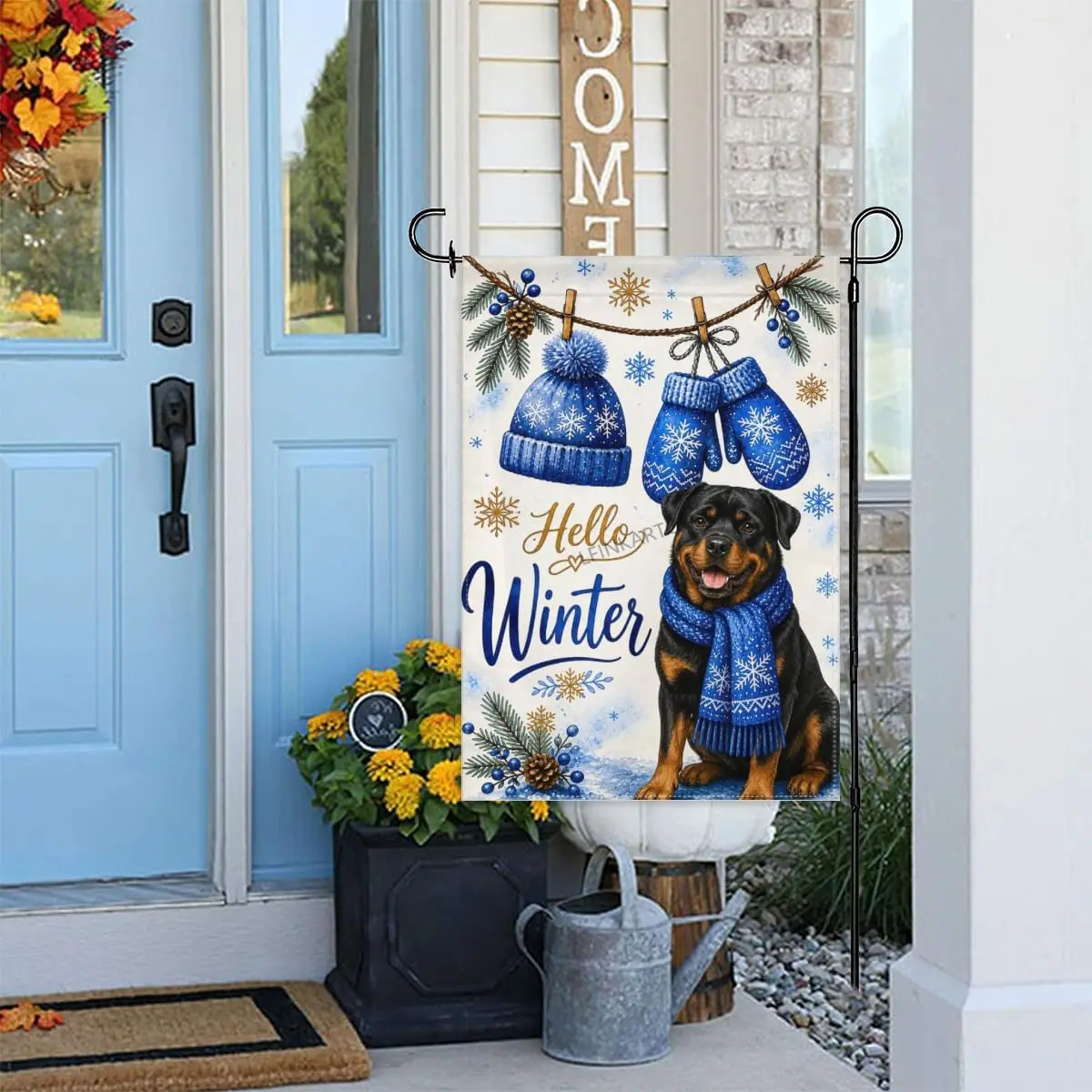 Winter Rottweiler Garden Flag 12x18 Inch with Pinecone Snowflake Double Sided Polyester Outdoor Yard Flag for Home Lawn Pati yyi
