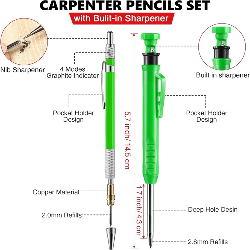 مجموعة أقلام نجار ميكانيكية ، 2 في 1 ، عبوات صلبة ، ناسخ كربيد بلاستيك ، ثقب عميق ، مشاريع معمارية تصنعها بنفسك ، 7 *