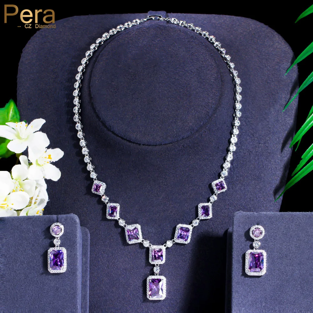 

Pera Romantic Purple Square Cut Cubic Zirconia Long Pendant Necklace Earrings for Brides Wedding Jewelry Party Accessories J513