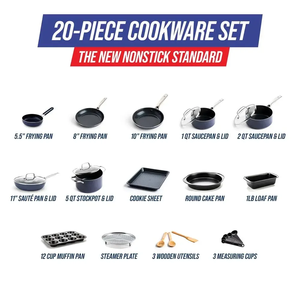 20-Piece Diamond-Infused Ceramic Nonstick Cookware and Bakeware Set with Glass Lids and Steel Handles PFAS and PFOA Free