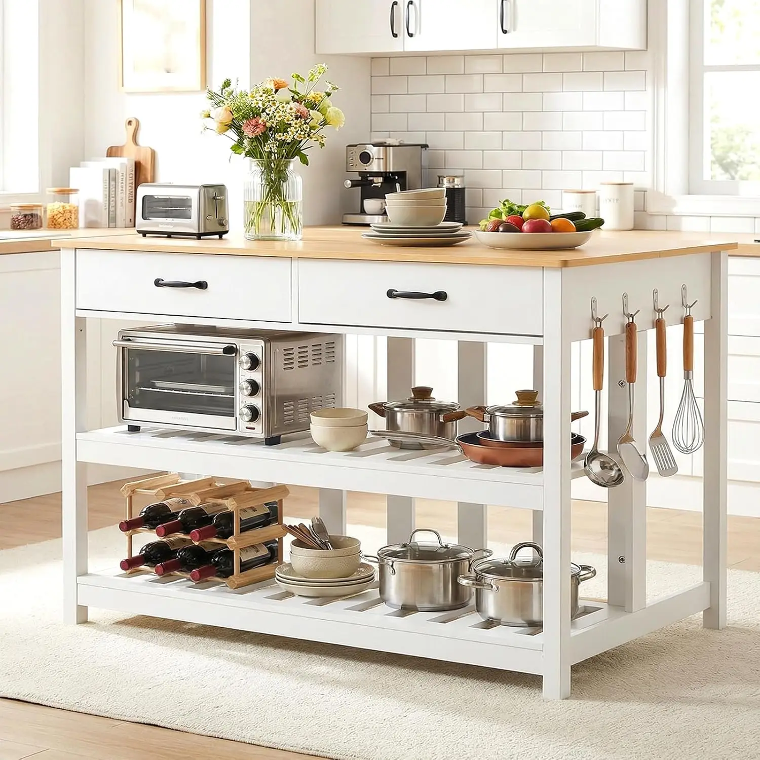 Kitchen Island with Power Outlets, 47 Inches Width Kitchen Shelf with Large Worktop, Wooden Island Counter with Shelves, 2 Drawe