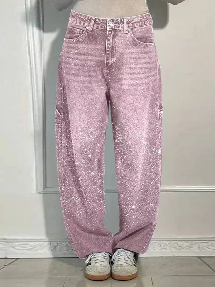 

Women's Shining High Waist Denim Jeans Pant with Luxury All-Over Rhinestones Straight Leg Pants Trendy Casual Streetwear Trouser