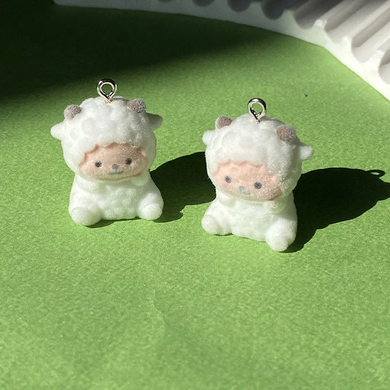 20pcs 3D Fluffy flocking Cute Little Sheep Charms Cartoon Resin Doll Pendant For DIY phone bag keychain crafts Jewelry make