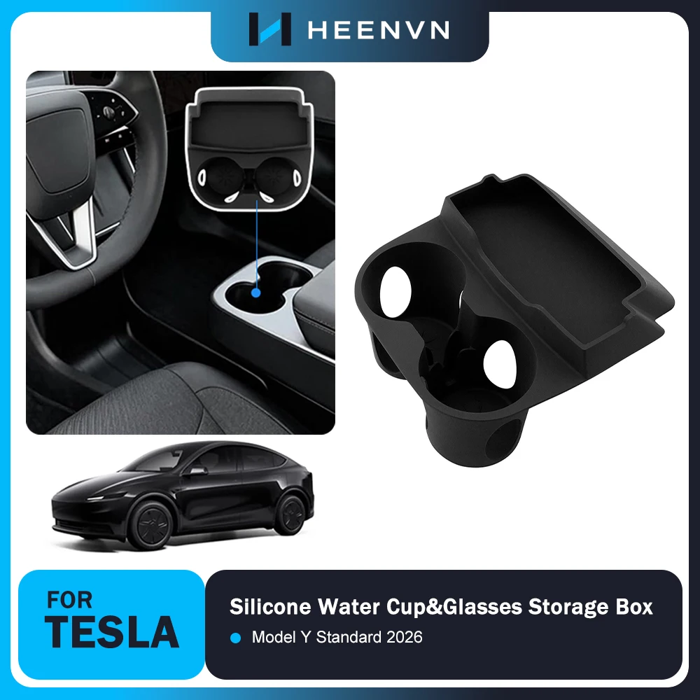 Heenvn For Tesla Model Y Standard 2026 Silicone Central Control Water Cup Holder Tray Sunglasses Storage Box Pocket Organizer