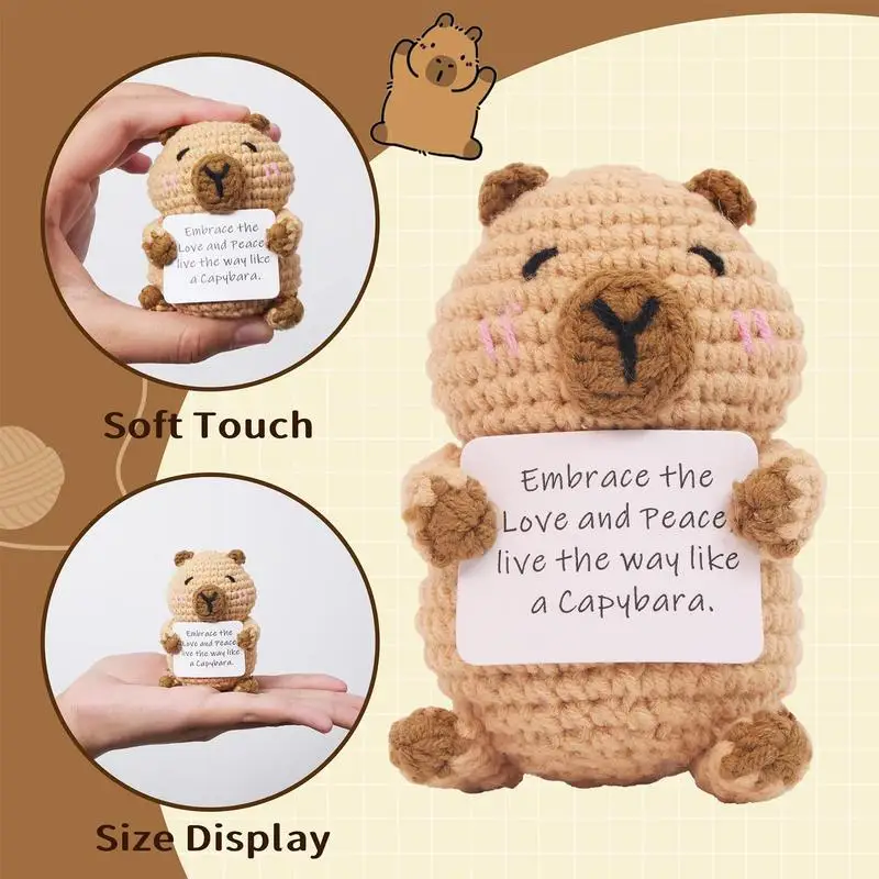 New Positive Energy Capybara Hug Pocket Mini Handmade Plush Wool Knitting Doll with Card Funny Christmas Gift Home Room Decor