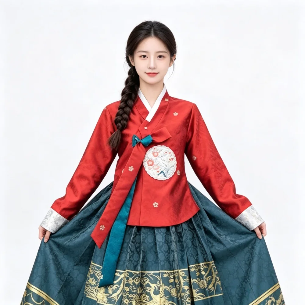 Korean Traditional Hanbok Women Embroidery Costume Set Long Sleeve Blouse Pleated Maxi Skirt for Dance Holiday Cosplay Photoshoo