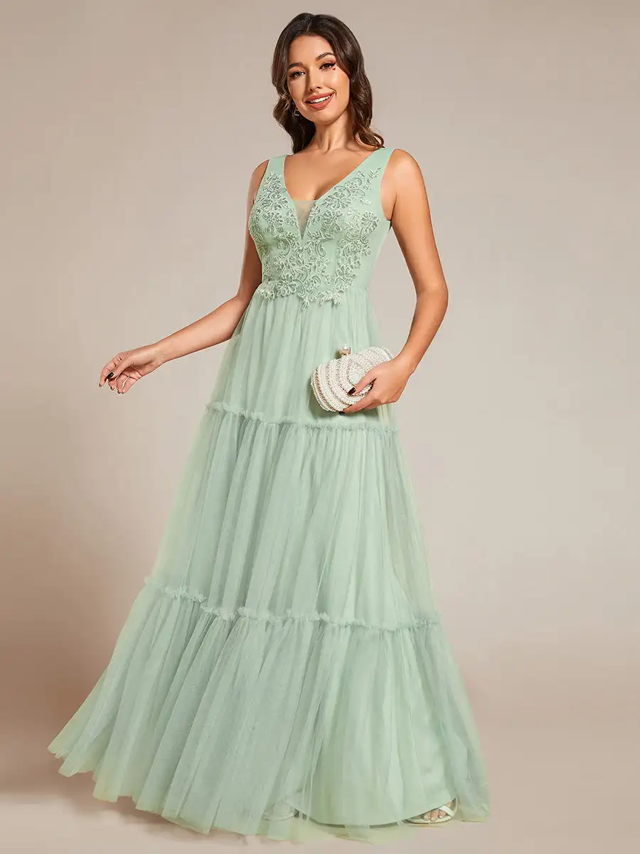 Sempre bonita vestido de dama de honra, vestido de noite elegante, decote v profundo, sem mangas, chiffon, verde hortelã, 2024