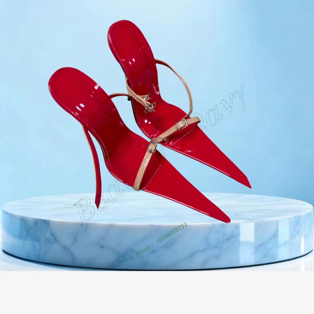 

Red 12 cm High Sandals Buckle Decor Pointed Narow Band Thin High Spike High Heel Shoes Sexy Women Shoes New Zapatos Para Mujere