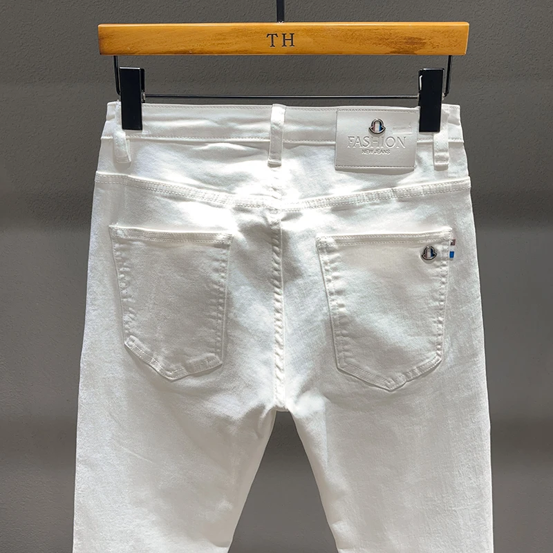 

designer fashion Y2knew jeans scratch wash nostalgic stretch slim fit perforated patch white men's jeans retro pants hombre