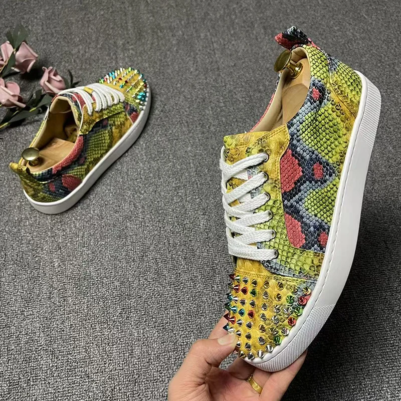 men fashion party nightclub dress spikes studded shoes lace-up flats rivets shoe snake skin print sneakers breathable footwear