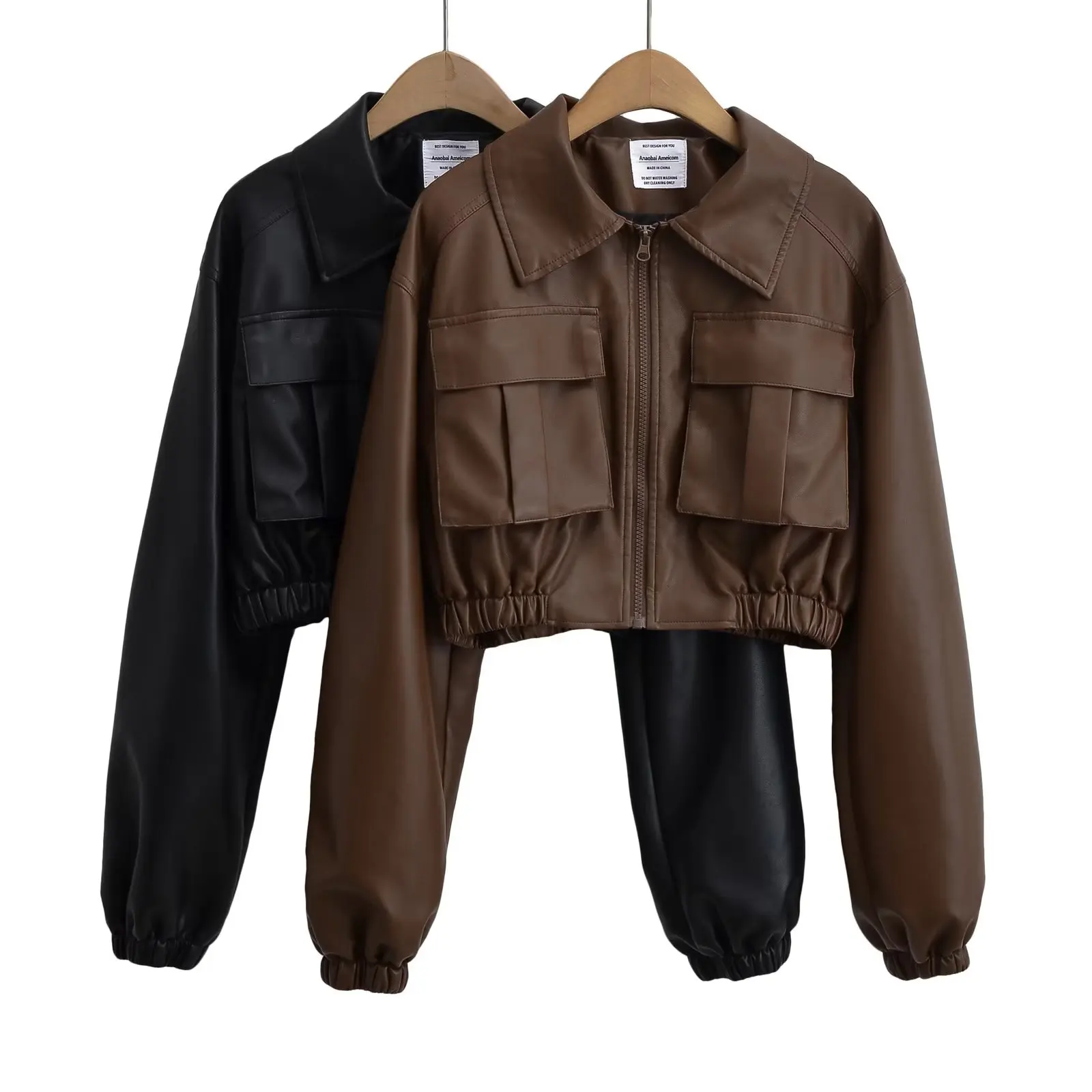 Chaqueta de cuero PU a cuadros para mujer, abrigo corto holgado de manga larga con bolsillos delanteros y dobladillo elástico, color negro y marrón,