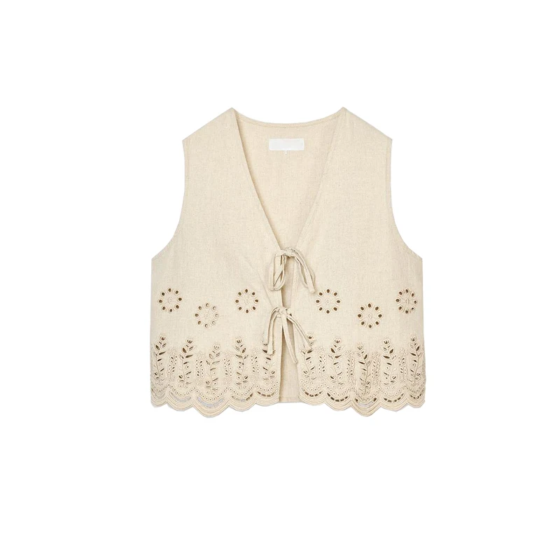 Letnia damska kamizelka z mieszanki lnu, wiązana, ażurowa, haftowana, dekolt w serek, wyszczuplający top na ramiączkach, oryginalny projekt, włókno poliestrowe.