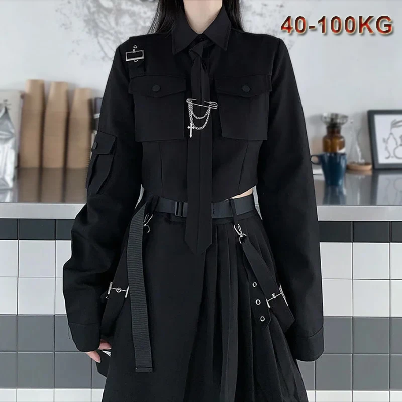 

Unisex Style Harajuku Streetwear Two-Piece Oversize Punk Chain Ribbon Shirt Tie Skirts Women Cosplay Cross-dressing Suit 4XL