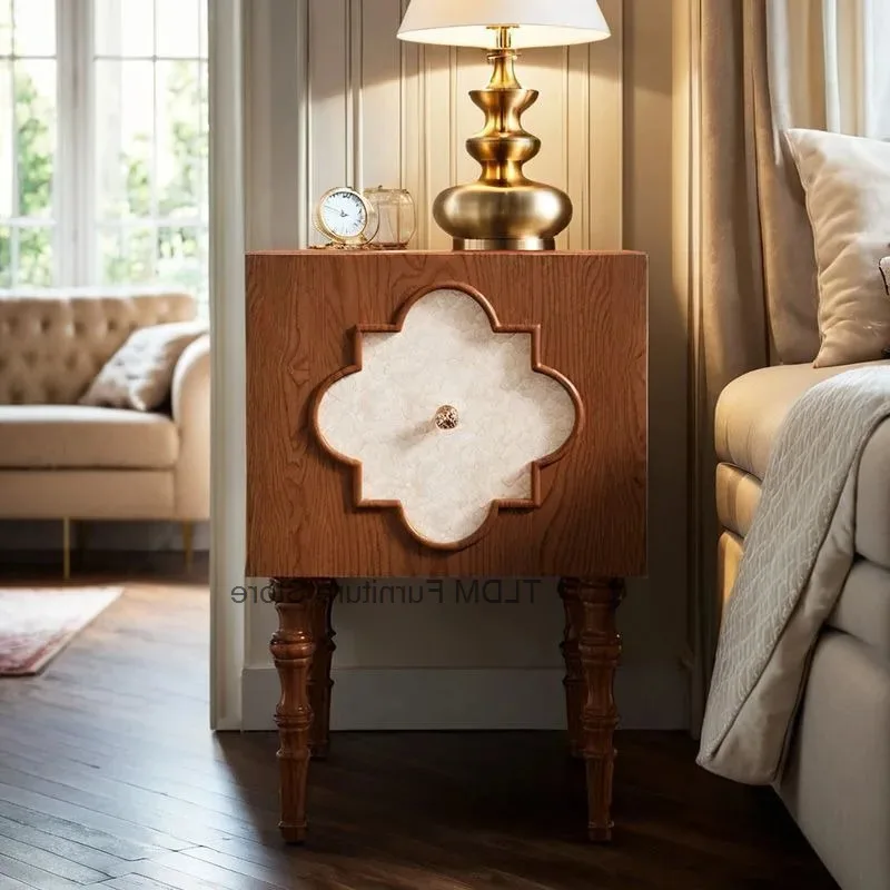 Side Bedside High-end Luxury Antique Bedside Table Ash Sofa Wood Artistic Four-leaf Clover Cabinet Bedroom Cabinet