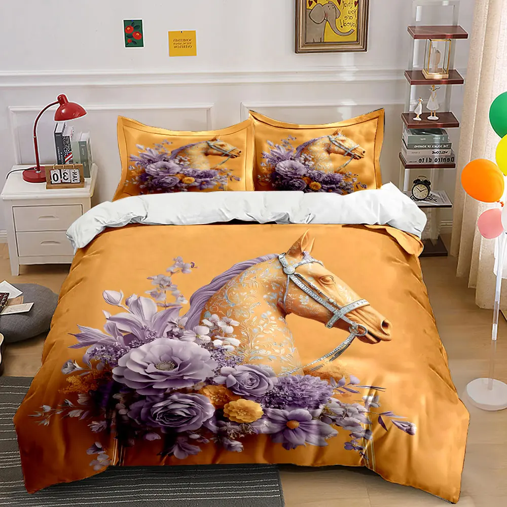 Orange horse sculpture with purple flowers Pattern Duvet Cover Set Digital Print Colorful Polyester Bedding with Zipper Closur