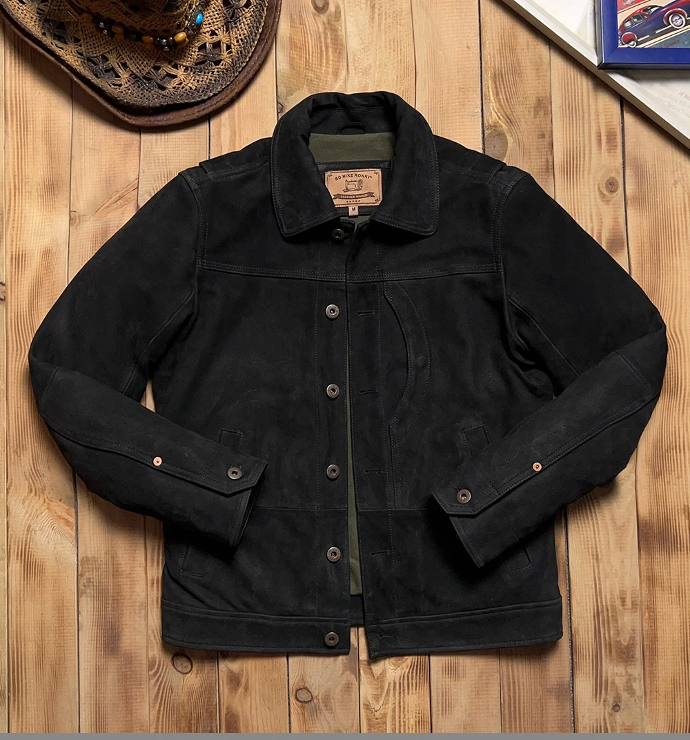 Black Winter Leather Jacket Men Retro Vintage Style Plus Size 5XL Genuine Natural Cow Suede Single Breasted Leather Coat