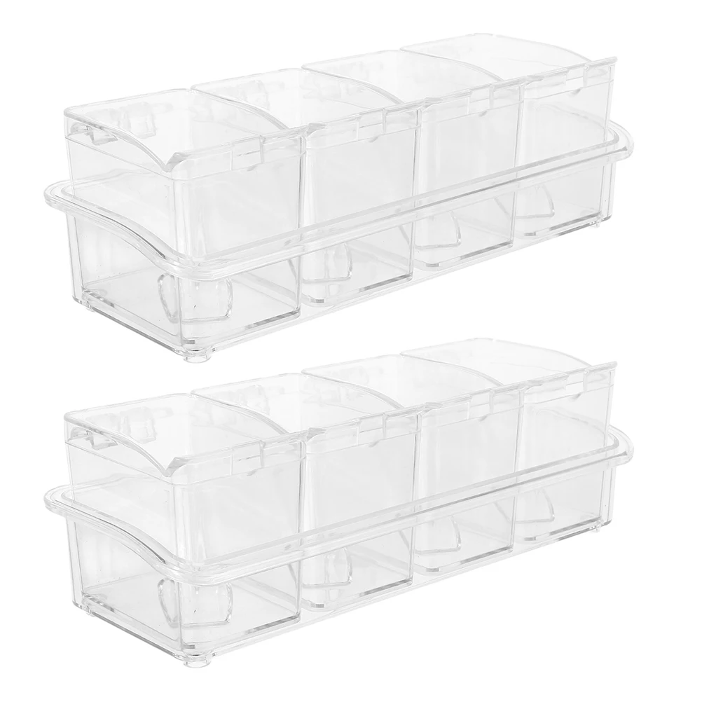 

2 Sets 4-Compartment Transparent Spice Box Set Clear Condiment Jars With Spoon Salt Sugar Pepper Storage Organizer Airtight