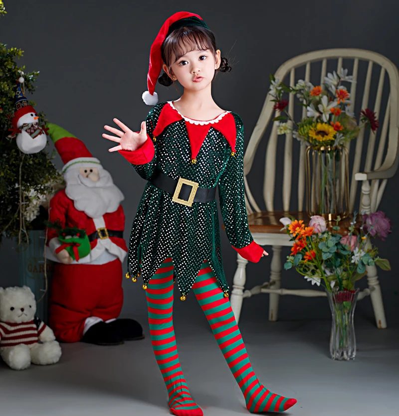 Glitter Christmas Elf Costume for Kids Girls Children Sparkling Sequins New Year Xmas Party Outfit Gift Santa Claus Fancy Dress