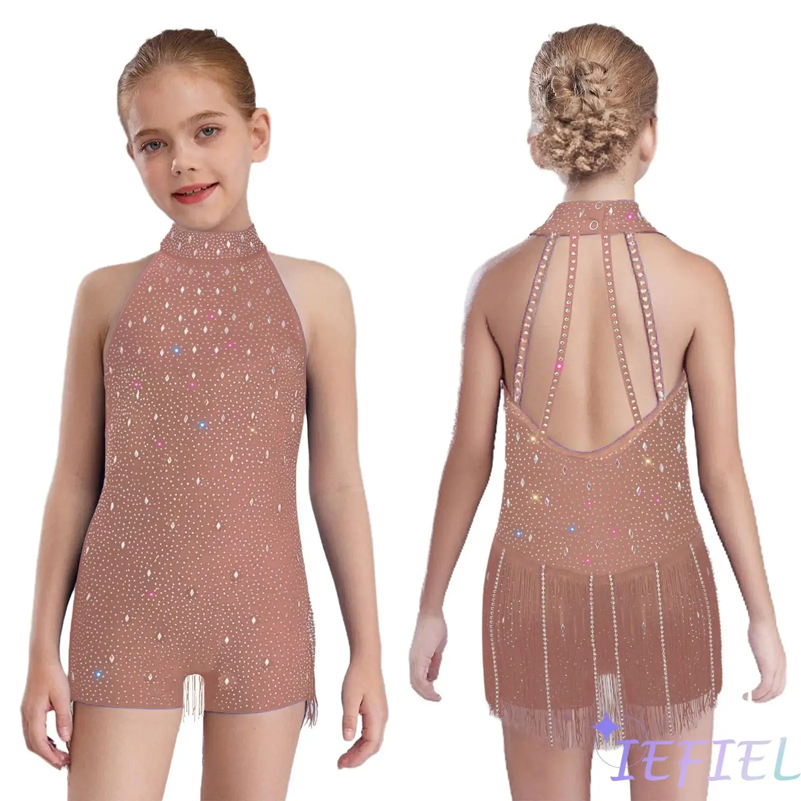 

Girls Elegant Jazz Dance Performance Outfit Halter Sleeveless Backless Shiny Modern Dance Jumpsuit Latin Ballroom Dance Unitard