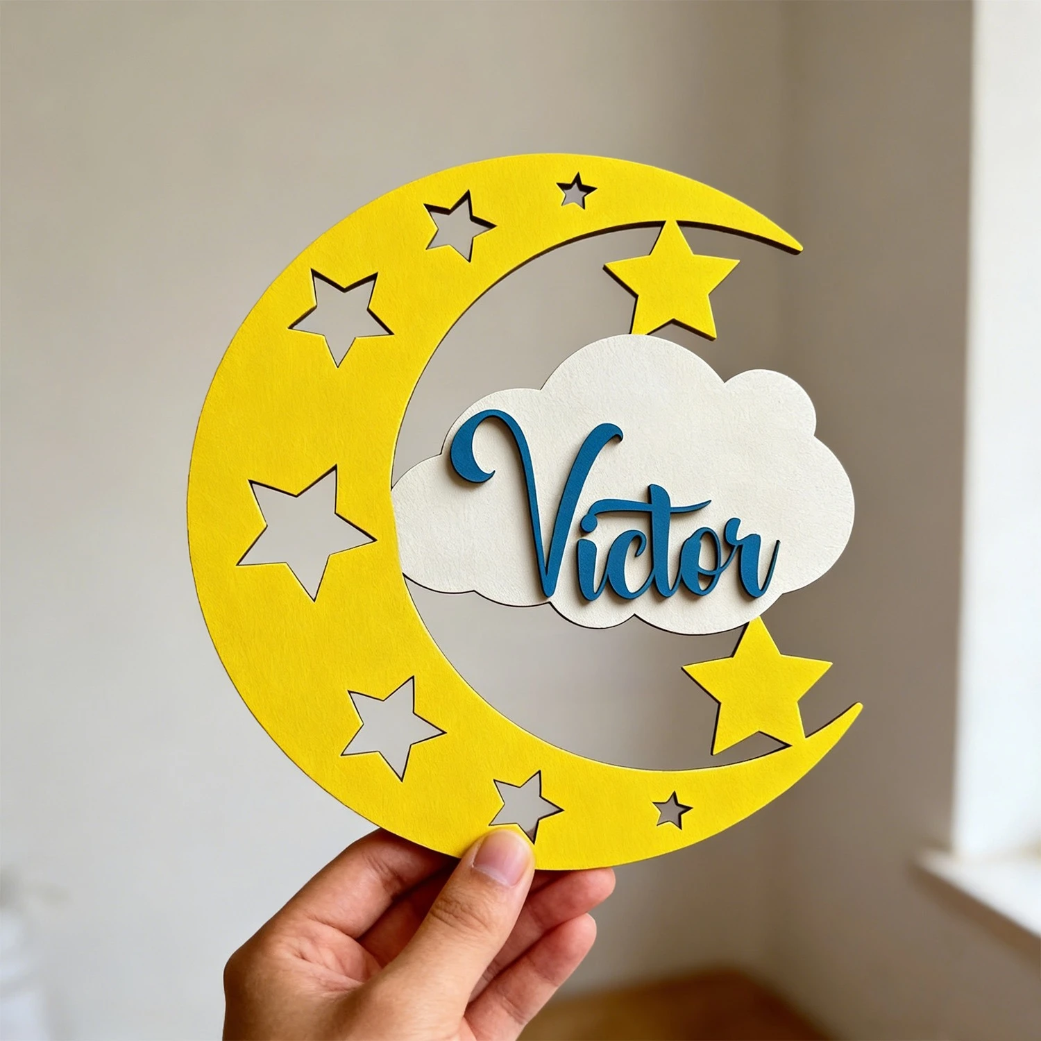 1pc Double-layer Children's Room Wooden Surname Brand, Multi-layer Customized Gift, Moon and Cloud Shaped, Holiday Gift
