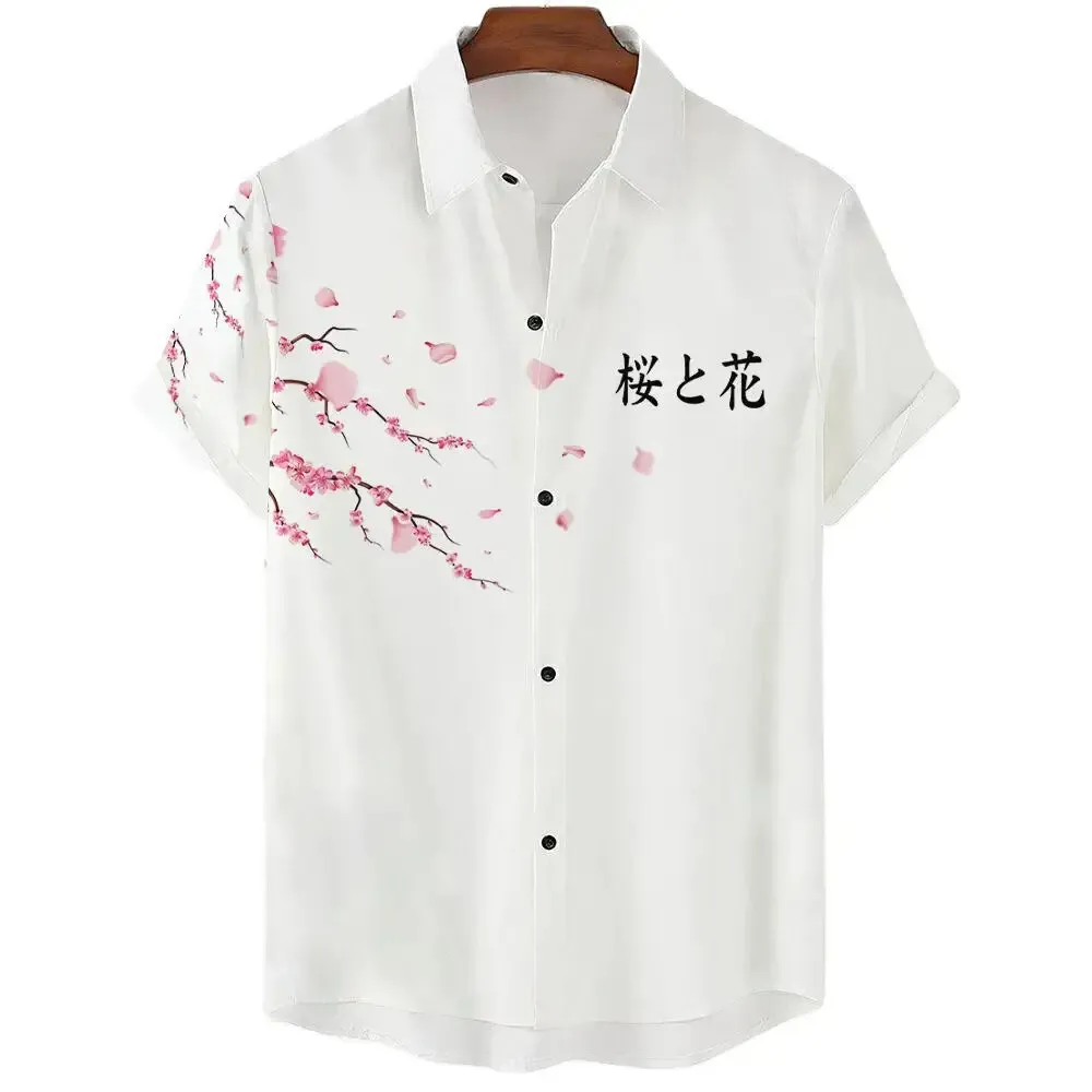 Pure White Tops Cherry Blossom Print Men\'s Short-sleeved Shirts For Vacation Daily Wear Men\'s Short-sleeved Shirts Oversized Top