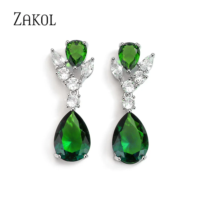 ZAKOL Fashion Classic Colorful Water Drop Cubic Zirconia Dangle Earrings Shinny Green Blue AAA CZ Banquet Jewelry for Women