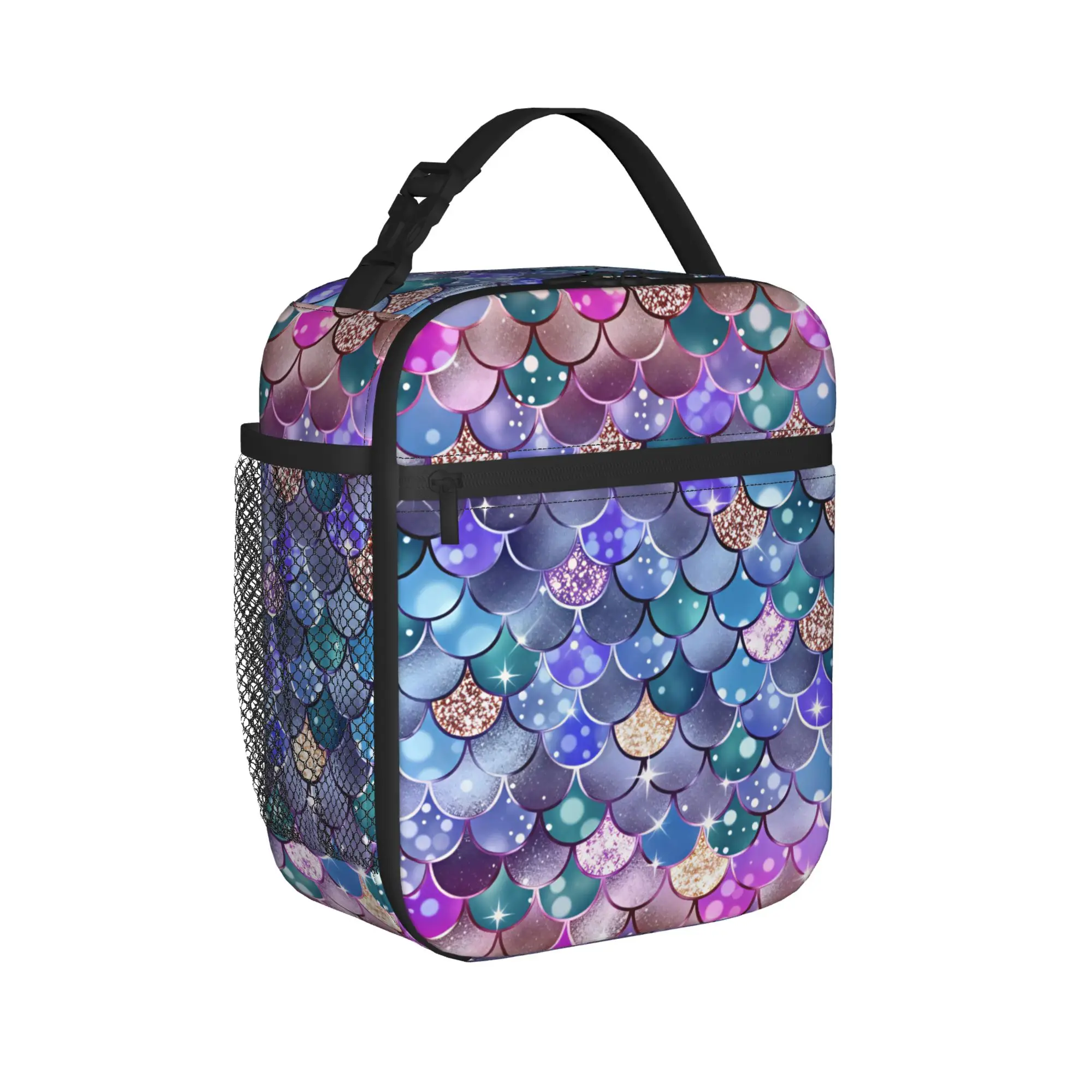 Lunch Bag Iridescent Mermaid Scales Glitter School Lunch Box For Women  Casual Portable Zipper Print Thermal Tote Handbags