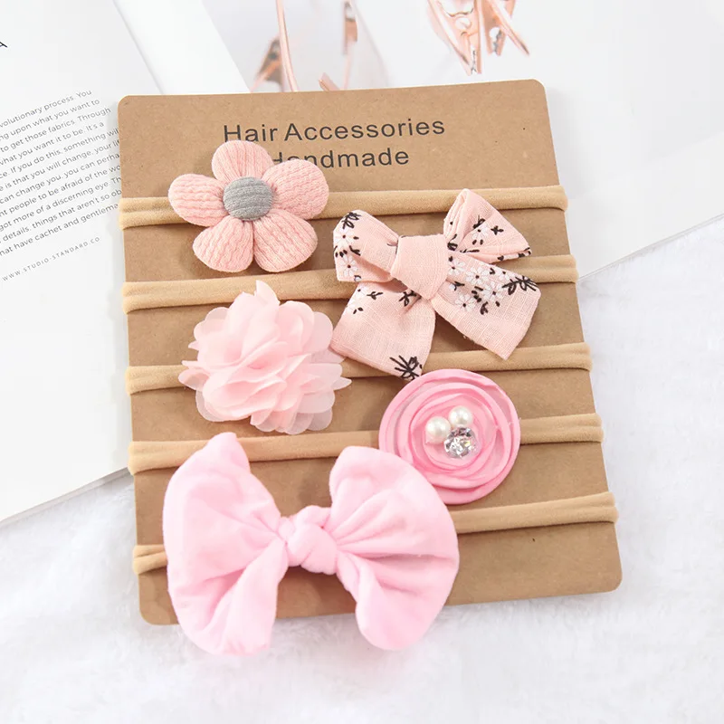 Bandeaux élastiques en Nylon pour bébé fille, 5 pièces/lot, nœuds de cheveux à fleurs pour nouveau-né, accessoires de cheveux pour enfants