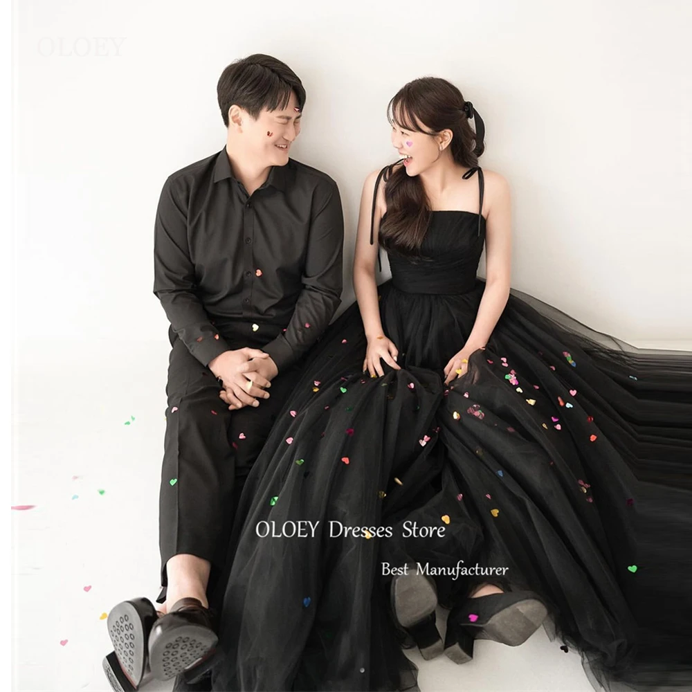 

OLOEY Spaghetti Straps Black Tulle Korea Evening Dresses Wedding Photoshoot Corset Back Wedding Dress Party Gowns