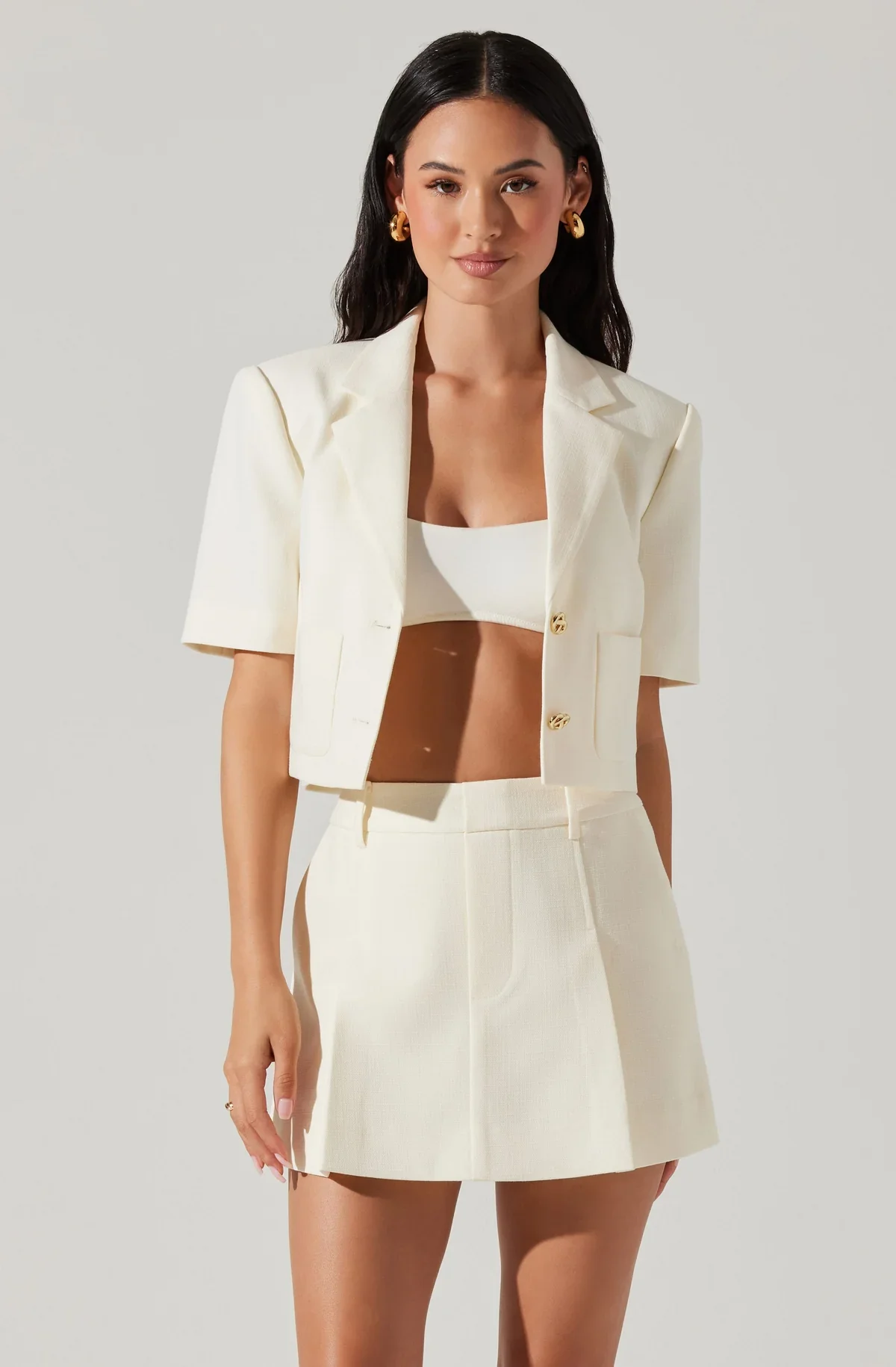 Tesco Casual Women's Suit Short Sleeves Cropped Blazer with Skirt Customized Wedding Party Outfit 2 Piece Women Suit Set