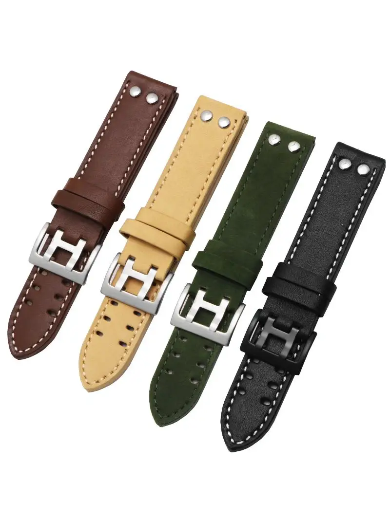 20Mm 22Mm Double Row Hole Leather Straps For Hamilton Seiko Band Claw Men's Military Pilot Khaki Field Aviation Watch Straps