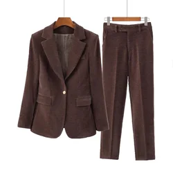 High Quality Fabric Corduroy Formal Women Business Suits OL Styles Professional Pantsuits Office Work Wear Autumn Winter Blazers