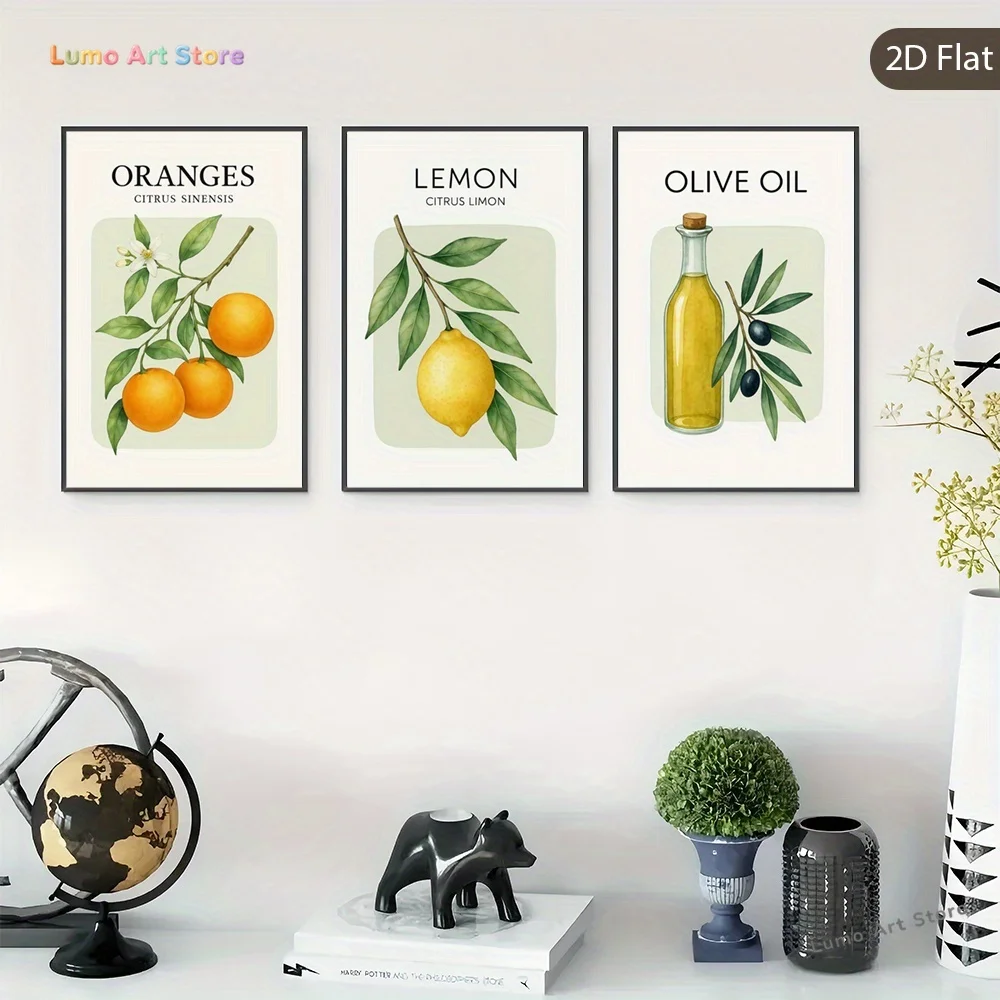 2D Flat, Posters & Prints 2D Flat, 3pcs Unframed Lemon Wall Art Decor, Oranges Paintings, Olive Oil Art Prints, Botanical Ill