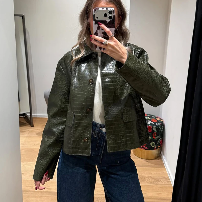 Damen Kunstlederjacken mit Krokodilhaut-Optik, Revers, Langarm, Einreihig, mit Taschen, Herbstmantel, Lockerer Schnitt, Neue Oberbekleidung – Detail 20