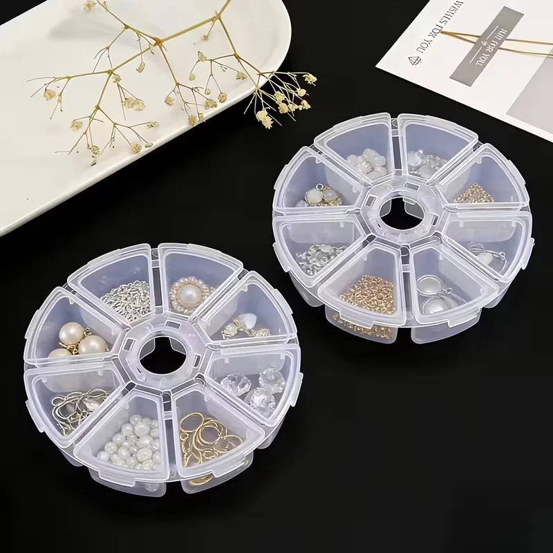 4-Piece Set of Mini 8-Compartment Round Transparent Plastic Boxes with Lids - Small Bead Storage Boxes for Organizing Jewelry, Earrings, Rings, Nail Art Supplies, and Hardware Accessories